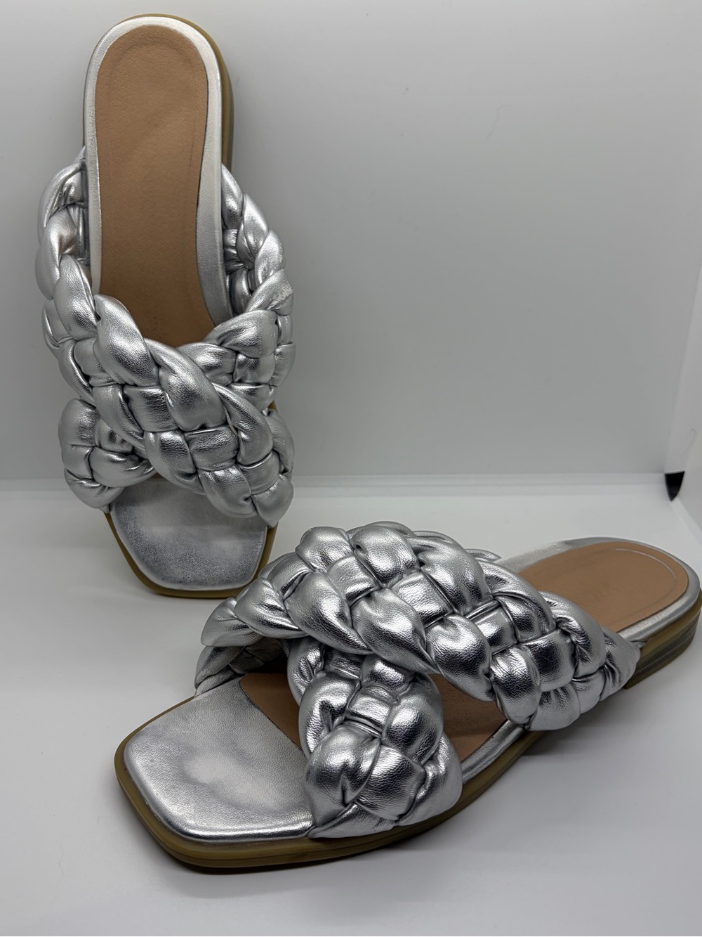 Vionic NIB Metallic Silver Kalina Braided Slide Sandals - Picture 5 of 9